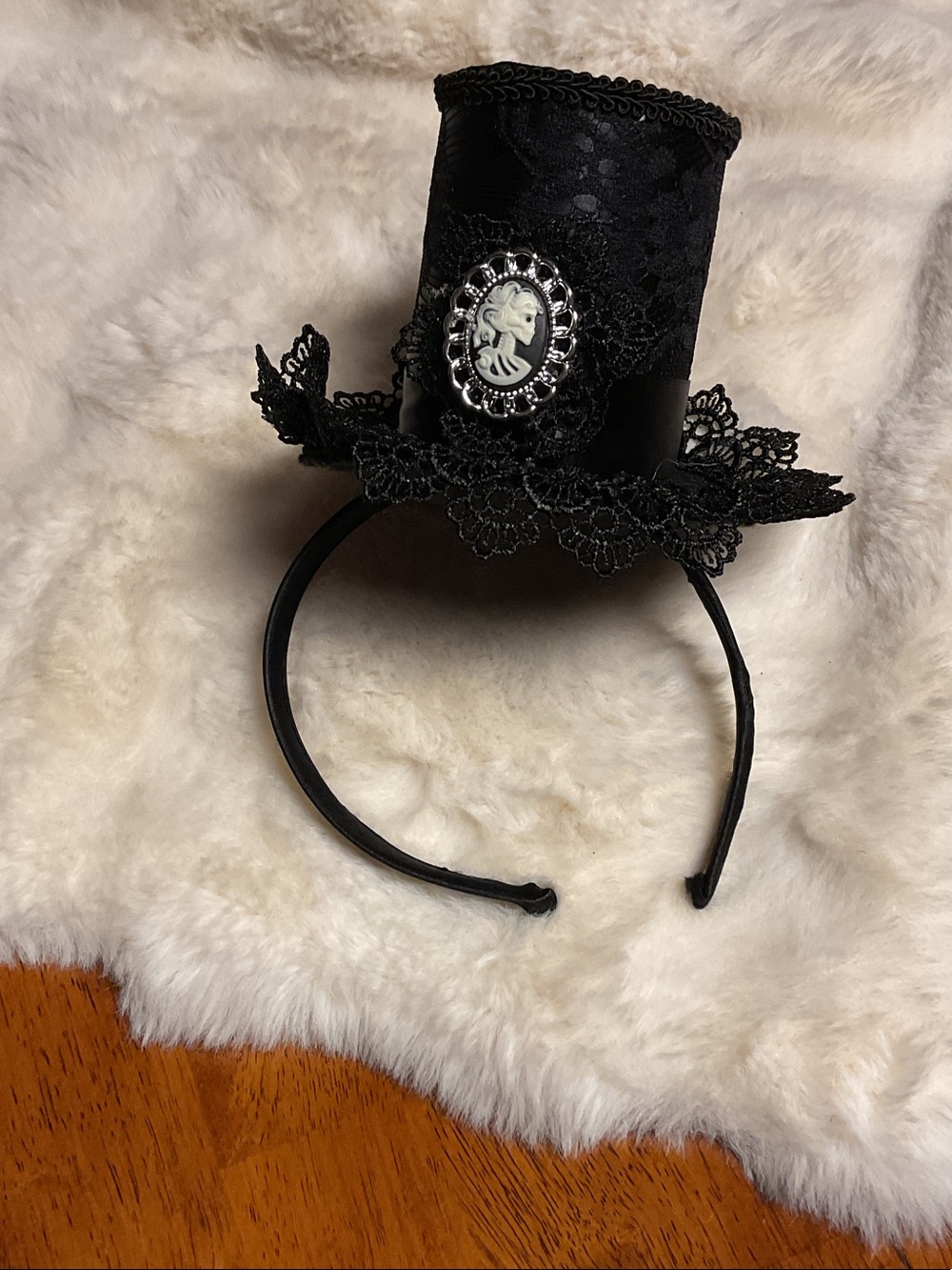 Vintage Handcrafted Black Lace Mini Top Hat Headband with Cameo Accent